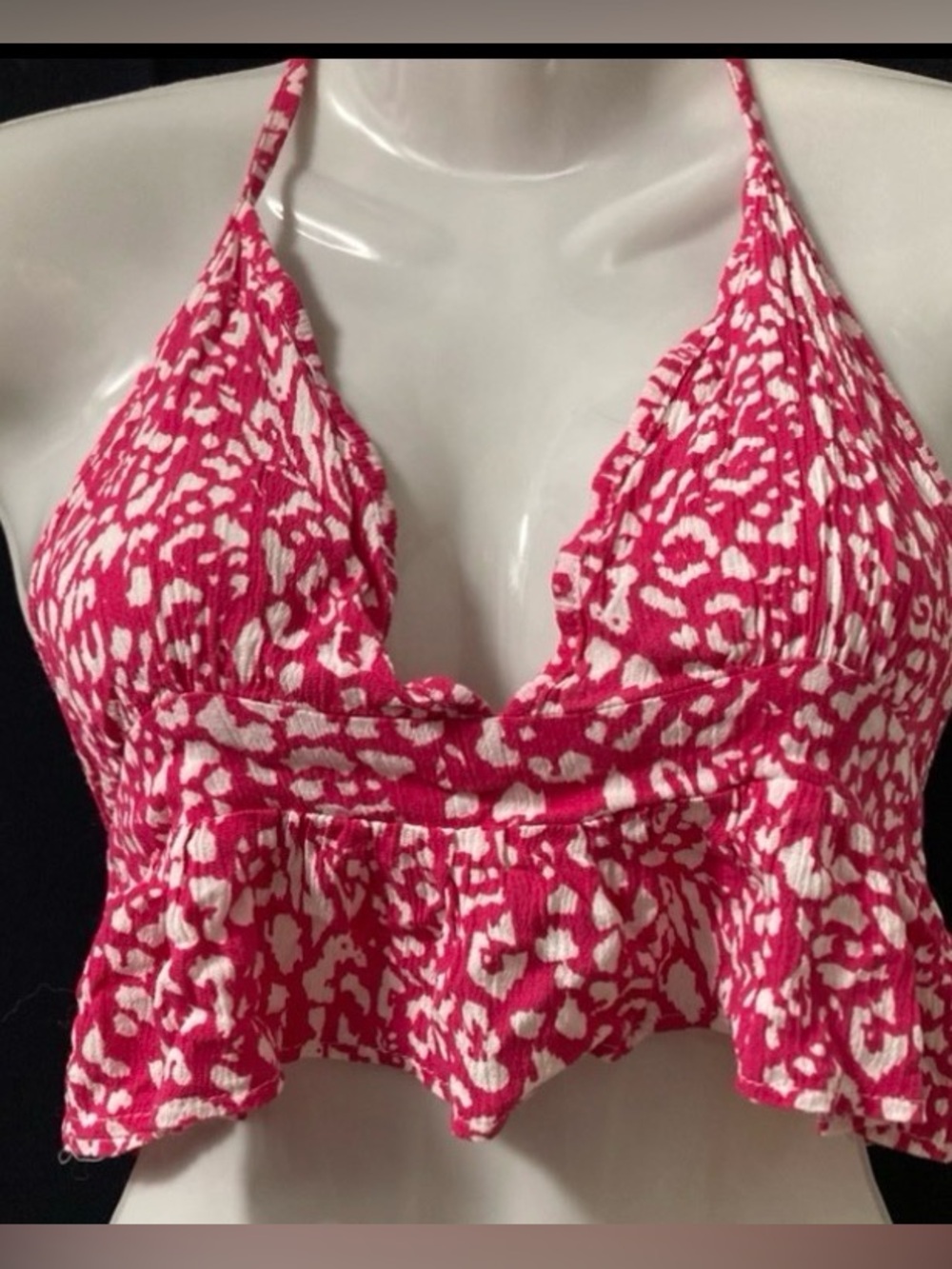SHEIN Pink White Leopard Print Halter Ruffle Crop Top S Y2K